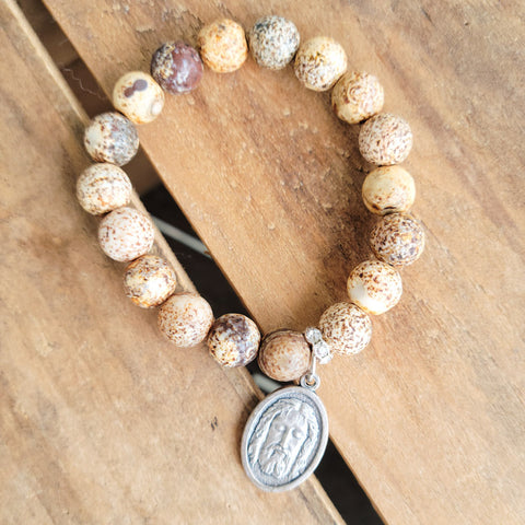 Face of Jesus medal picture 10mm jasper gemstone beads stretch bracelet