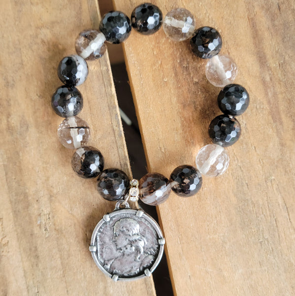 Joan of Arc medal quartz beads stretch bracelet