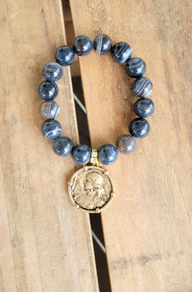 Joan of Arc medal swirl agate beads stretch bracelet