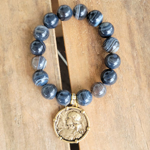 Joan of Arc medal swirl agate beads stretch bracelet