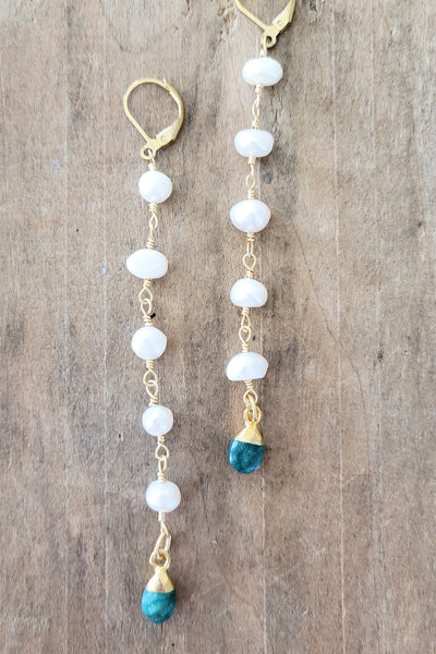 Duster earrings 4" long freshwater pearls & emerald gemstone drop