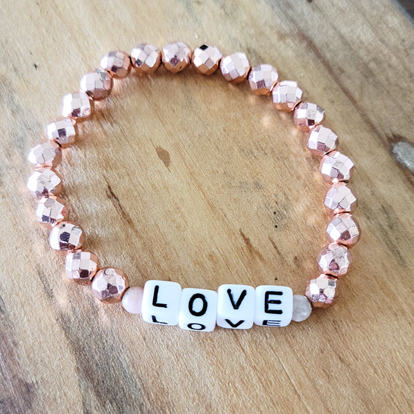 Rose' Hematite word stretch bracelets LOVE
