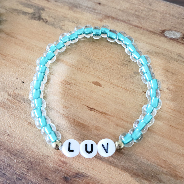 teal Czech beaded stretch word bracelets LUV 