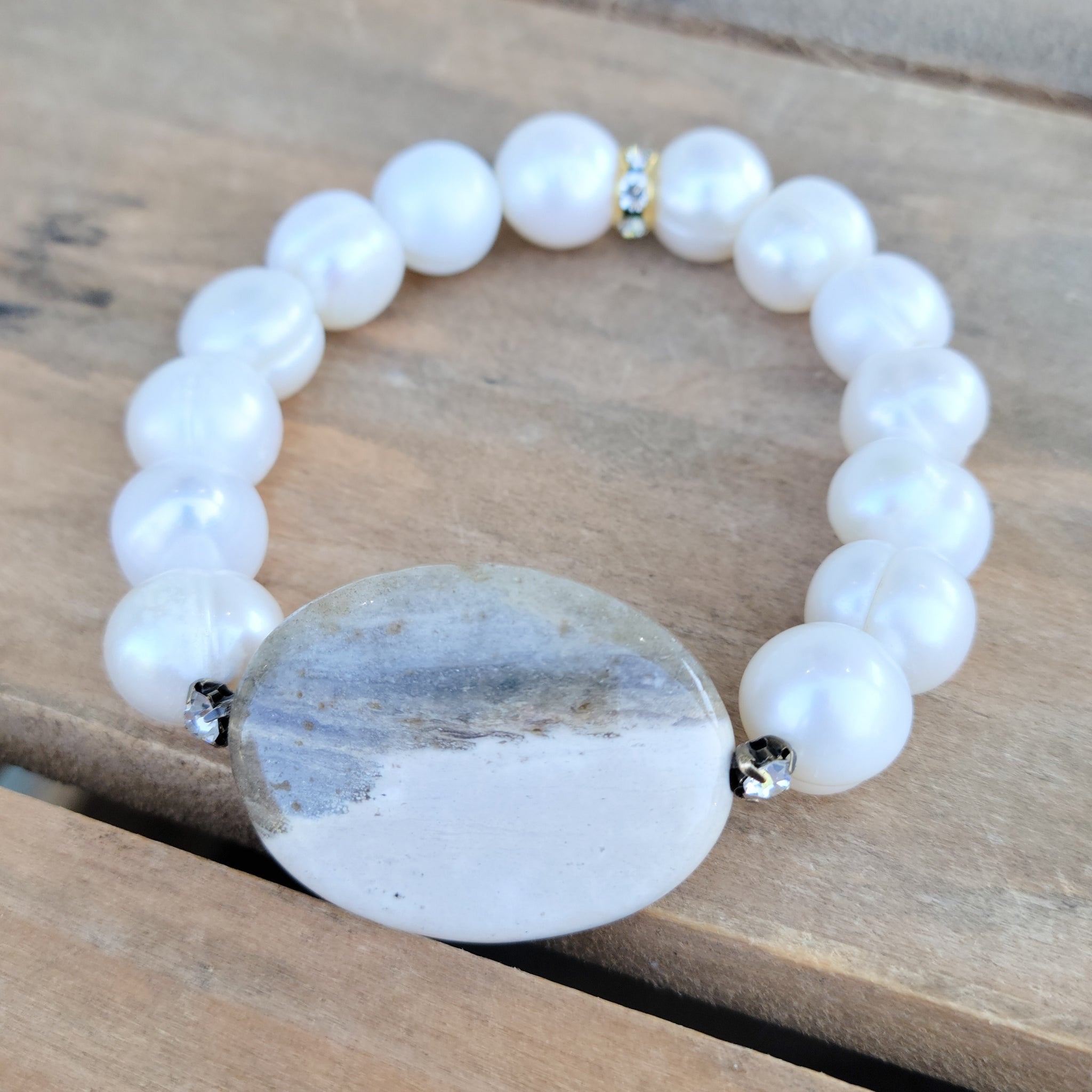 25x35mm gemstone agate slab freshwater pearls vintage rhinestones stretch bracelet
