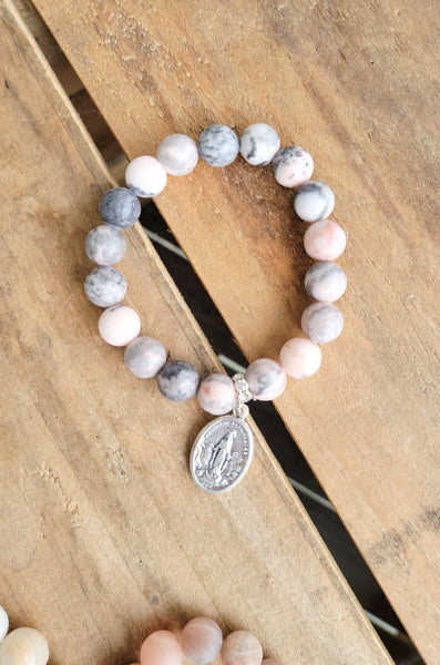 Our Lady of Mercy medal 10mm rhodonite bead stretch bracelet