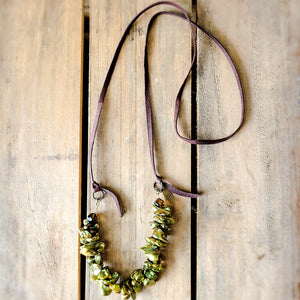 38" long deer leather and 15mm green gold ruffled freshwater pearls necklace