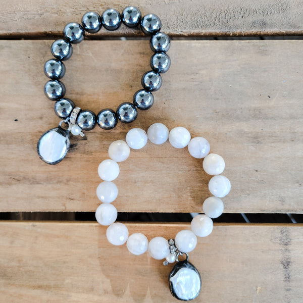 12mm Hematite & Agate w MOP fw pearl dangles stretch bracelets