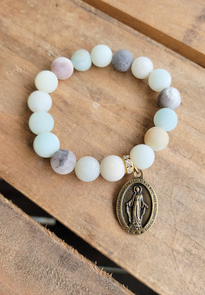 Brass oval Miraculous Medal matte Amazonite gemstone beads stretch bracelet