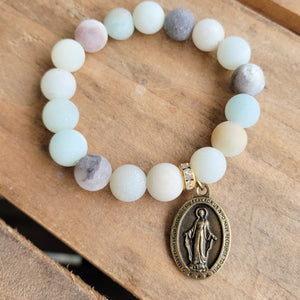 Brass oval Miraculous Medal matte Amazonite gemstone beads stretch bracelet