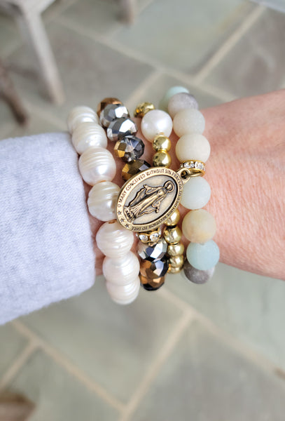 Brass oval Miraculous Medal matte Amazonite gemstone beads stretch bracelet