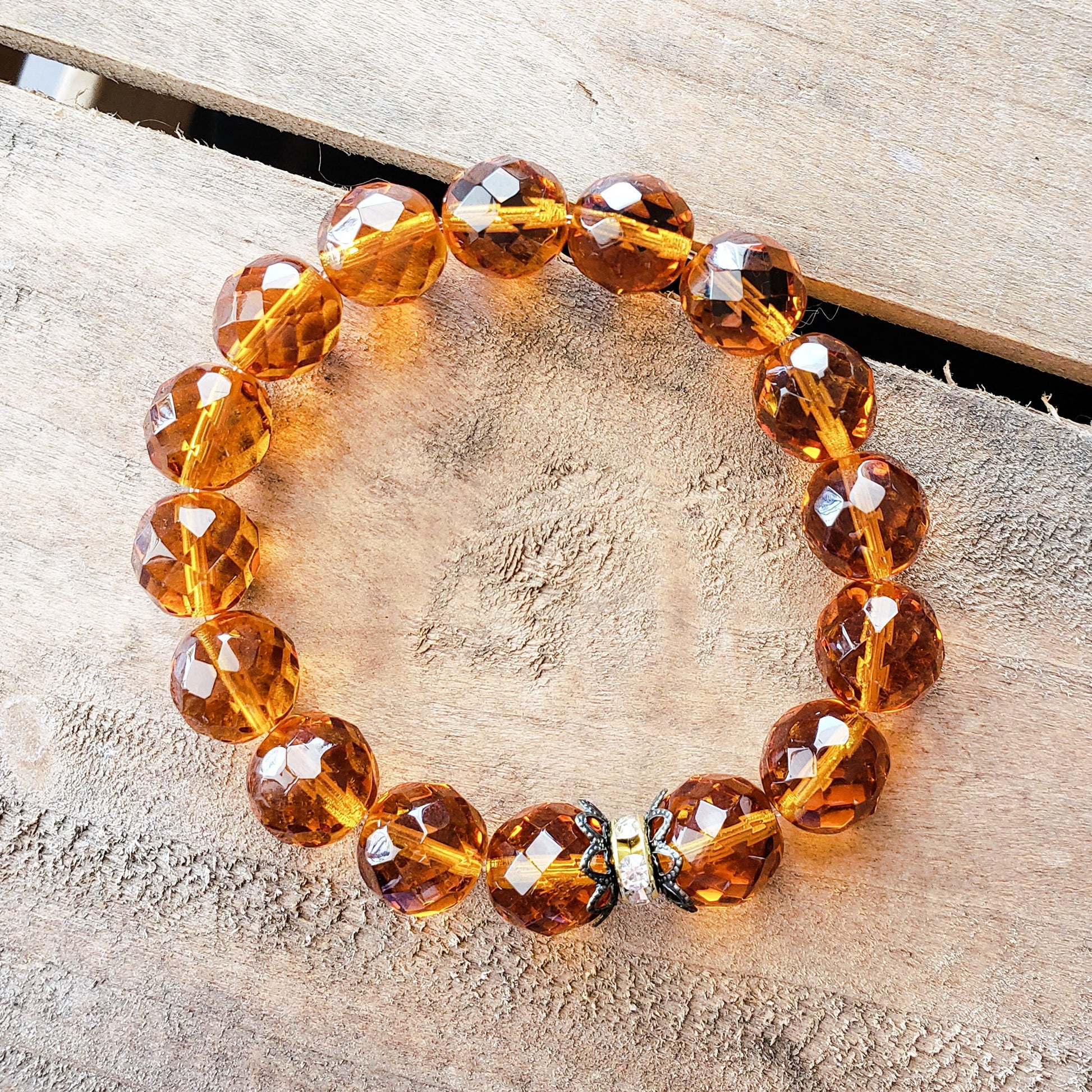 12mm Czech topaz color beads brass details bead bracelet Nov birthstone