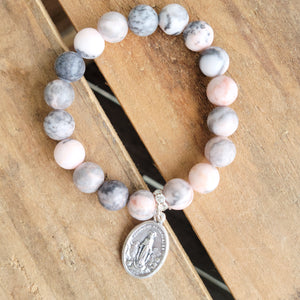 Our Lady of Mercy medal 10mm rhodonite bead stretch bracelet