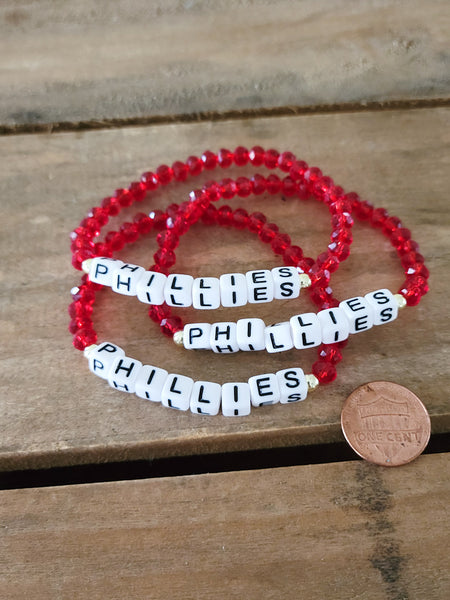 red crystal PHILLIES 14kt balls stretch bracelet