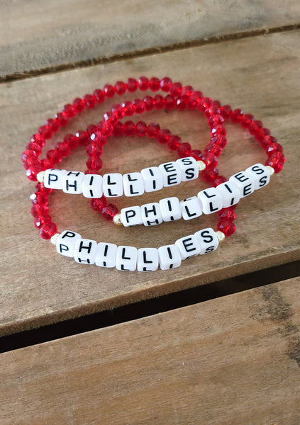 red crystal PHILLIES 14kt balls stretch bracelet