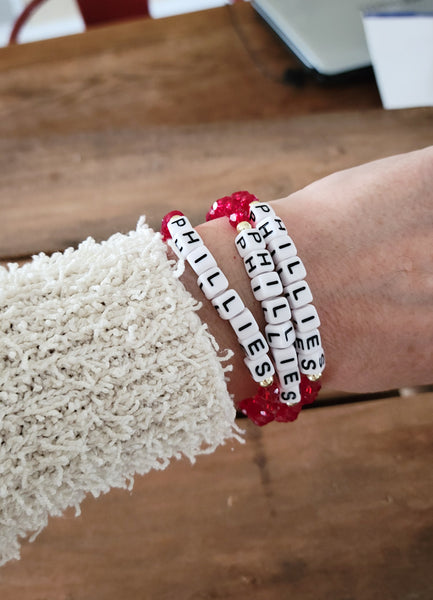 red crystal PHILLIES 14kt balls stretch bracelet