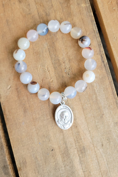 10mm agate gemstone beads w St. Padre Pio medal stretch bracelet