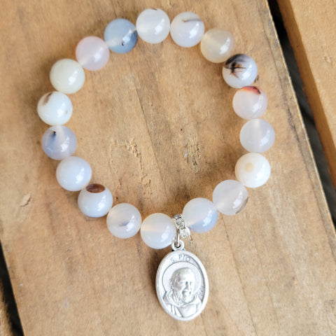 10mm agate gemstone beads w St. Padre Pio medal stretch bracelet