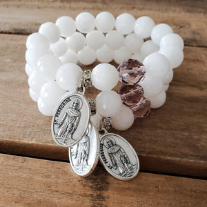 St. Peregrine medals white jade 12mm beads 1 lilac Czech crystal prayer bead
