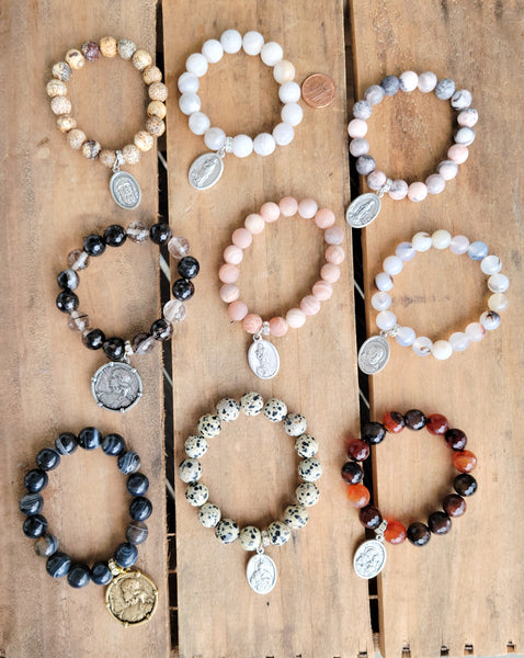 religious medals gemstone beads stretch bracelets