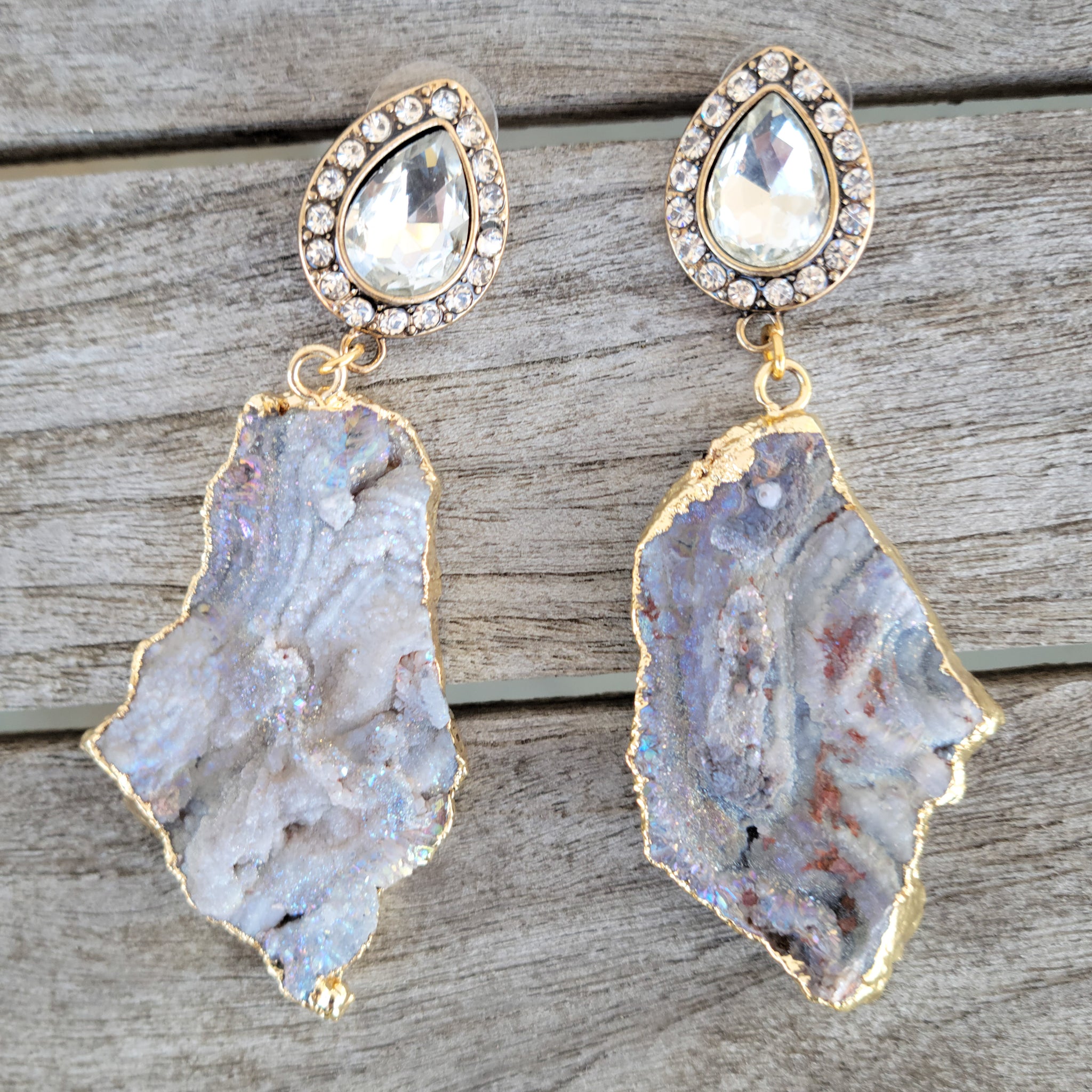 large tear drop rhinestone ear posts blue druzy agate freeform gemstone earrings
