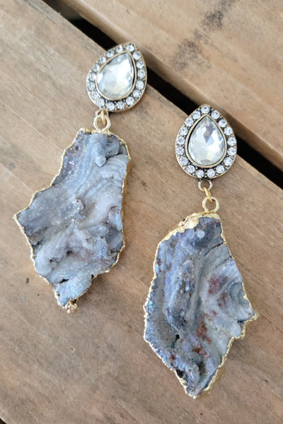 large tear drop rhinestone ear posts blue druzy agate freeform gemstone earrings