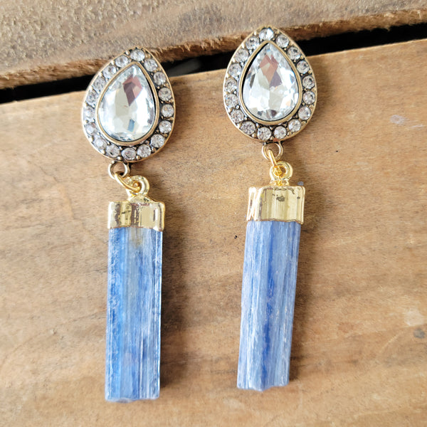 Glamy Lux rhinestone and raw kyanite gemstone earrings
