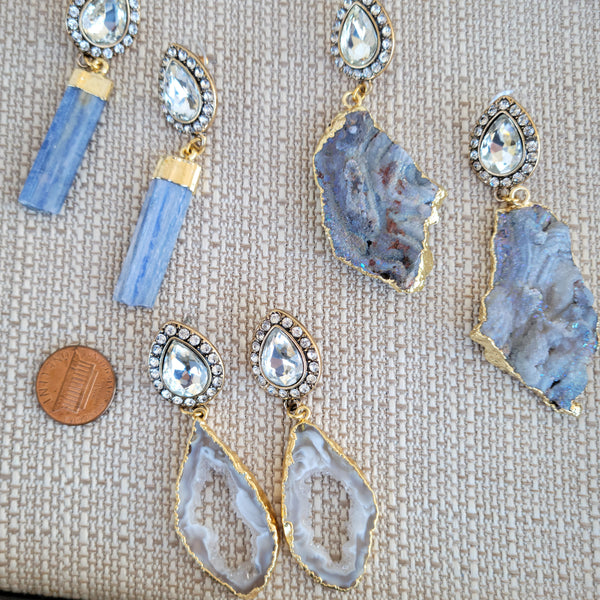 Rhinestone Druzy Agate & Kyanite Blue glam earrings