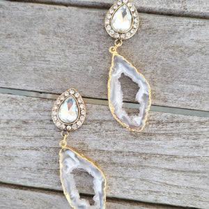 large tear drop rhinestone ear posts gray druzy agate freeform gemstone earrings