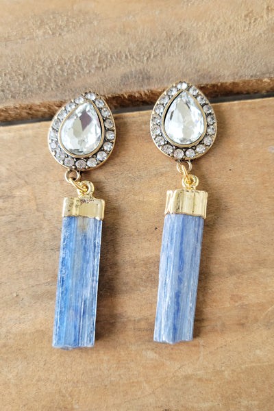 Glamy Lux rhinestone and raw kyanite gemstone earrings