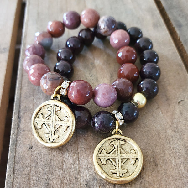 Agate & Garnet beads Serenity Prayer / Cross medal stretch bracelet