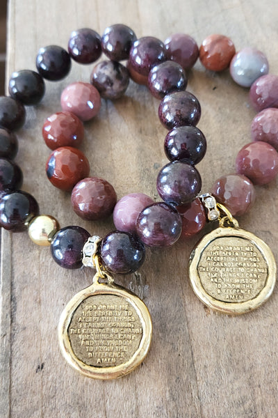 Agate & Garnet beads Serenity Prayer / Cross medal stretch bracelet