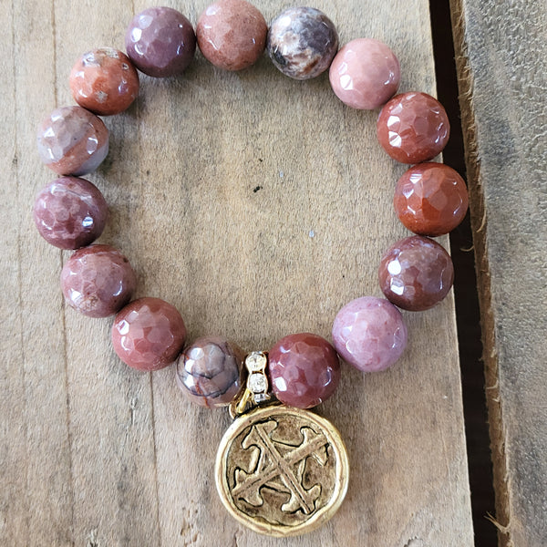 Portuguese Agate 12mm beads gold Serenity Prayer / Cross medal stretch bracelet