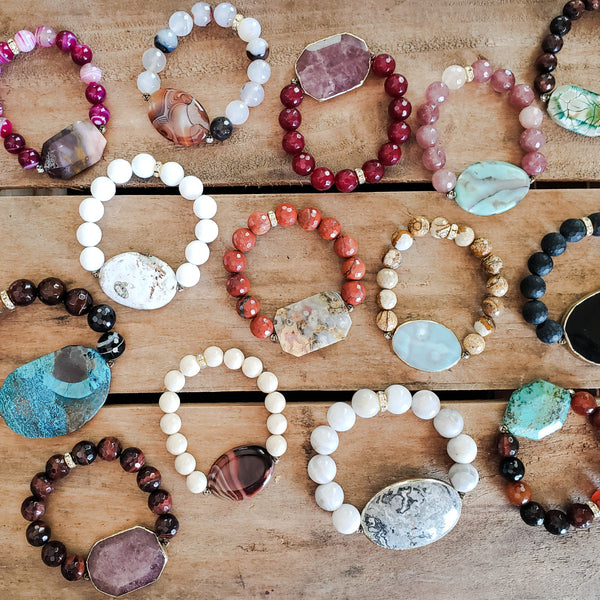approx. 29mm gemstone druzy ovals w 10mm, 12mm, 14mm beads vintage rhinestones bracelets collection
