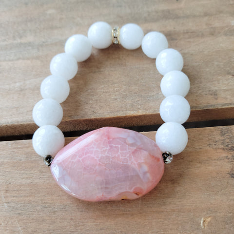 Pink Agate center slab vintage rhinestones 12mm white Jade beads stretch bracelet 