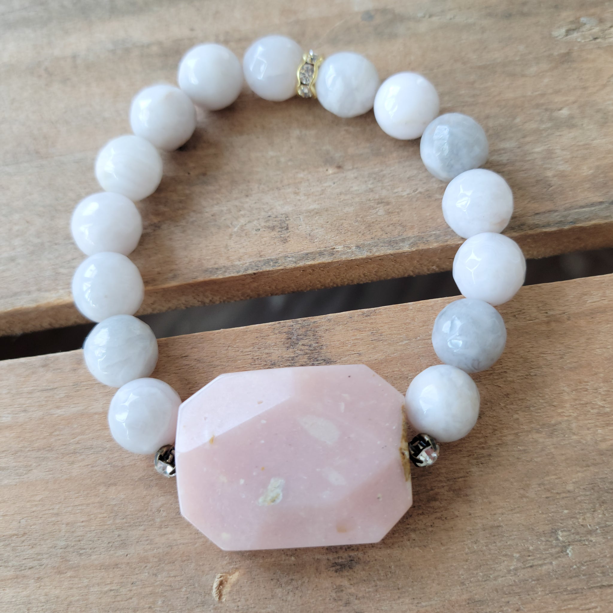 Pink Peruvian Opal center lacey Agate beads vintage rhinestones stretch bracelet