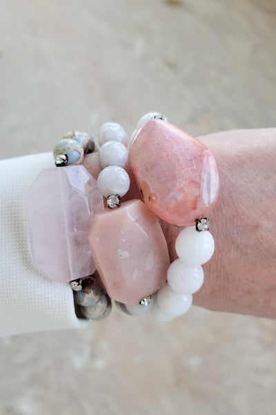 Gemstone slab centers vintage rhinestones and gemstone beads stretch bracelets