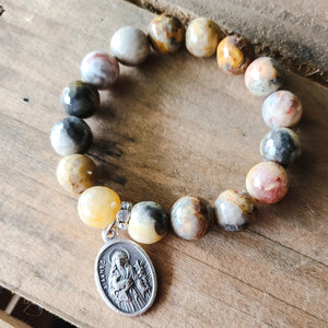 12mm jasper gemstone beads 1" St Agnes medal stretch bracelet