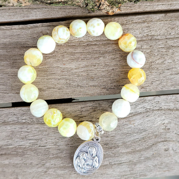 10mm lemon agate beads 1" St. Anne medal stretch bracelet