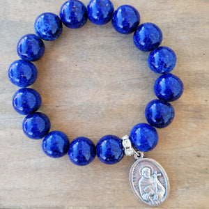 12mm blue agate beads 1" oval St. Francis medal stretch bracelet