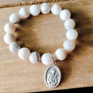 10mm crazy lace gemstone beads 1" St. Francis medal stretch bracelet