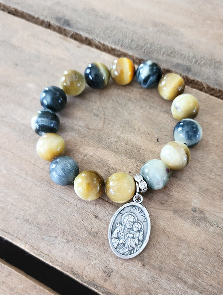 12mm Tiger eye Agate beads St. Jospeh medal stretch bracelet