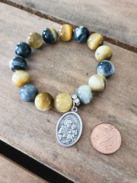 12mm tiger Eye Beads St. Jospeh medal stretch bracelet