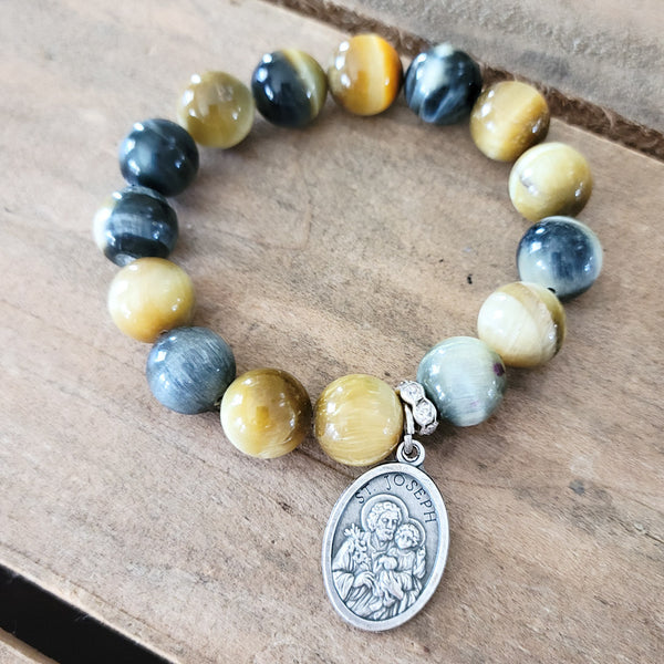 12mm Tiger Eye Agate St. Joseph medal stretch bracelet