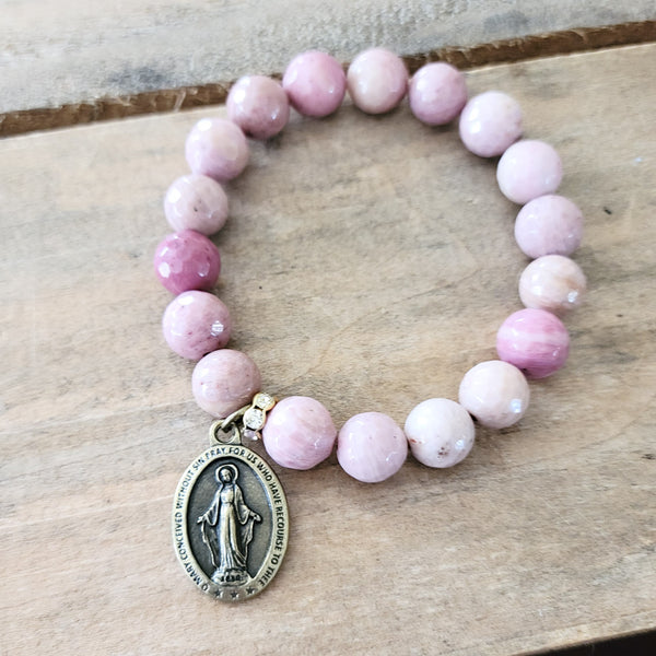 Rhodonite gemstone beads w brass Miraculous medal 10mm