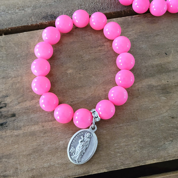 St. Agatha medal hot Pink Czech beads stretch bracelet
