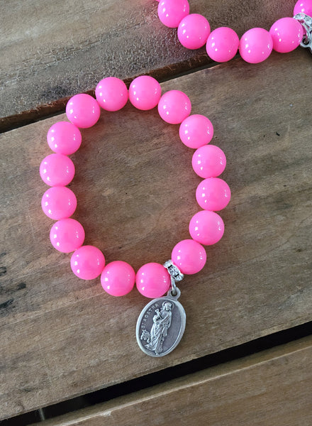 St. Agatha medal hot Pink Czech beads stretch bracelet