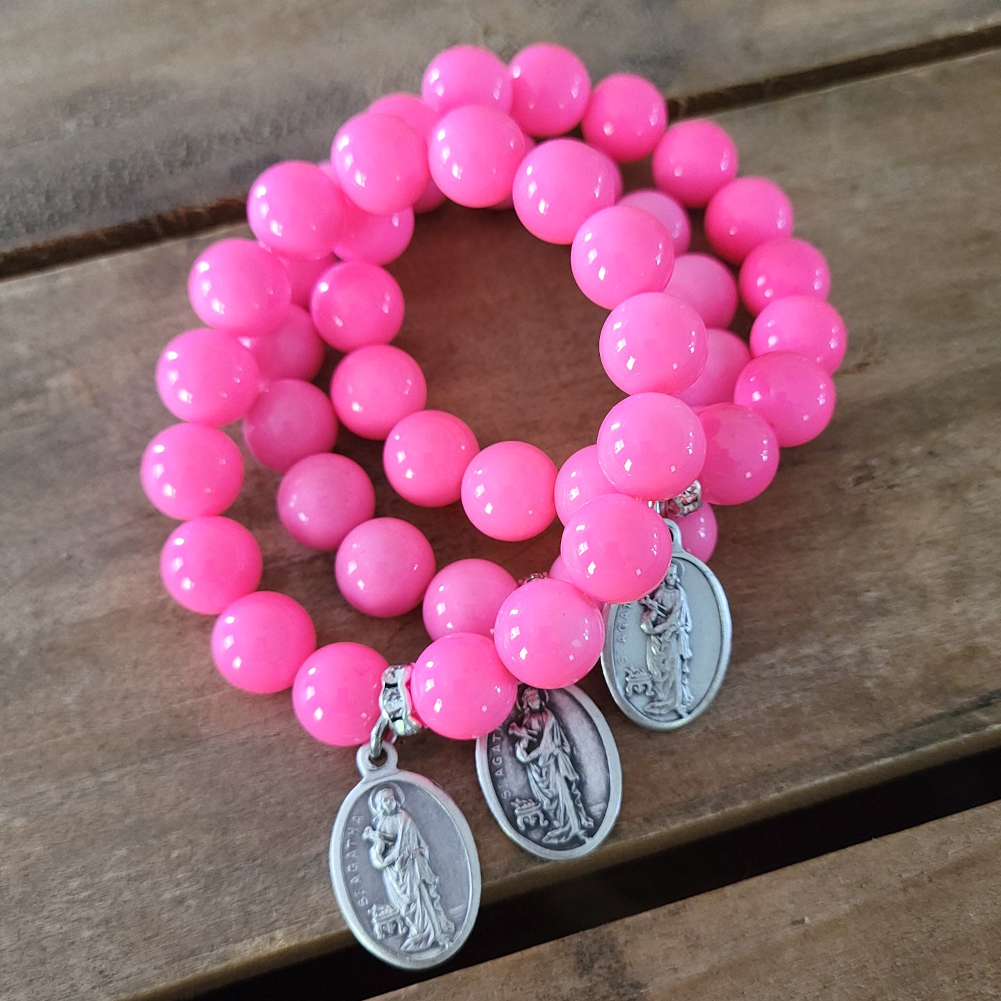 St. Agatha medal hot Pink Czech beads stretch bracelets