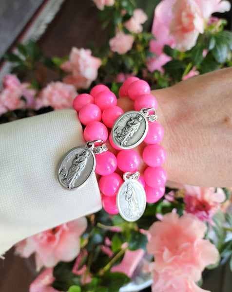 St. Agatha medal hot Pink Czech beads stretch bracelets