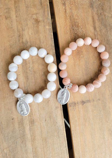 St. Agatha medals with gemstone beads stretch bracelets