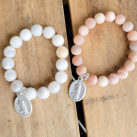 St. Agatha medals with gemstone beads stretch bracelets